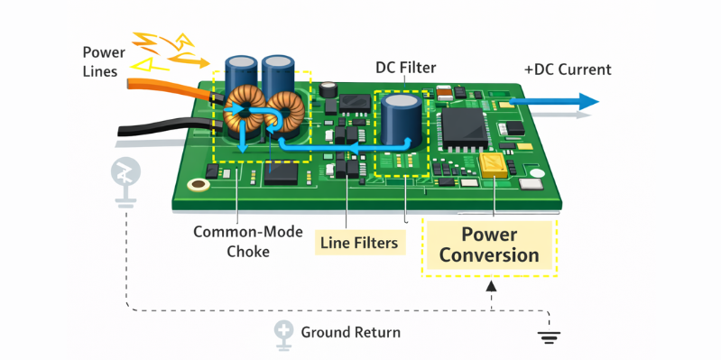 Power conversion and EMI filtering PCB